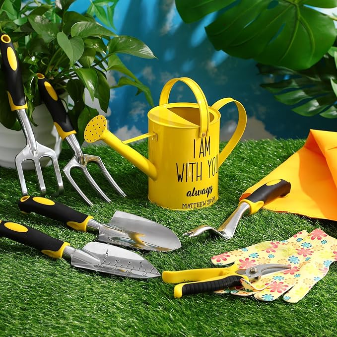 Blueweenly 9 Pcs Watering Can Garden Tools Kit with Bible Verse Christian Gardening Gifts for Women with Heavy Duty Garden Hand Tools 1.6L Galvanized Metal Can Apron Gloves for Mom Grandma(Yellow)
