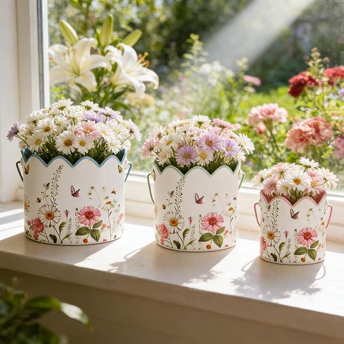 Set of 3 Vintage Floral Metal Planters Rustic Flower Pots with Wooden Handle, Farmhouse Decorative Floral Buckets for Dried Flowers, Faux Plants, Home Garden Decor