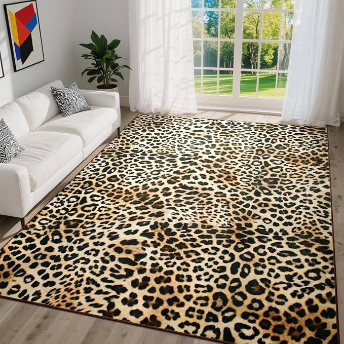 DweIke Leopard Print Rug for Living Room, Machine Washable 6x9 Cheetah Area Rugs for Bedroom, Non-Slip Low Pile Animal Hide Carpet with Rubber Backing for Dining Room Kitchen Home Decor,White Brown