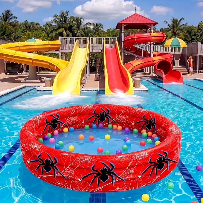 Arrowbash Spider Inflatable Pool 49" x 10" Red Spiderweb Swimming Pool | 3 Ring Design for Boys Girls, Spiderweb Pattern, Portable Blow up Pool, Summer Backyard Water Splash, Indoor Outdoor