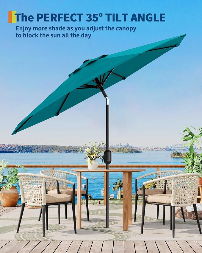GarveeLife 9 ft Patio Umbrella, Outdoor Table Market Umbrella with Push Button Tilt and Crank, 8 Sturdy Ribs UV Protection Waterproof for Garden, Deck, Backyard, Pool (Turquoise Blue)