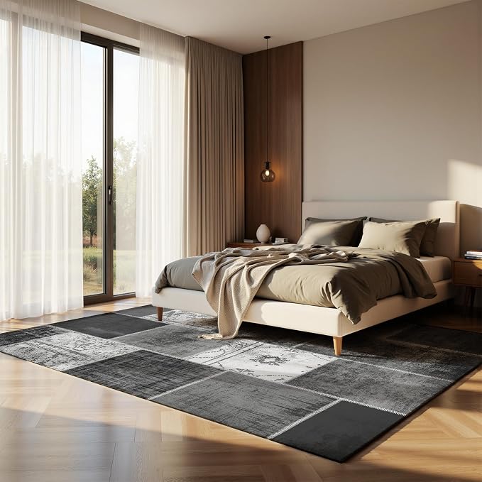Nayoroom Modern Abstract Grey Distressed 8x10 Area Rug, Soft Faux Wool Washable Non-Slip Stain Resistant Rug, Geometric Patchwork Modern Design Rug for Living Room Bedroom.