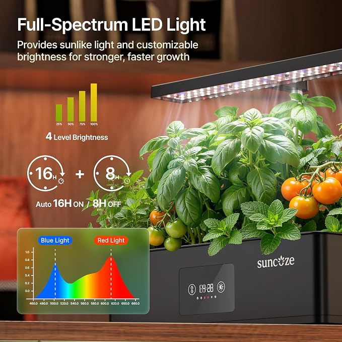 SUNCOZE Hydroponics Growing System Kit with 24W Dimmable LED Light, Black | 12 Pods Indoor Herb Garden with Timer & Local Time Setting, Adjustable Height, Smart Countertop Garden for Home & Kitchen
