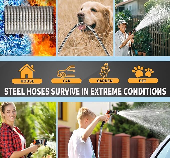 Metal Garden Hose 150FT Heavy Duty Lightweight 304 with Brass Nozzle,Durable Fittings,No Kink & Tangle,Puncture Resistant,Easy to Use & Store for RV,Outdoor, Yard,Ligh (150ft)