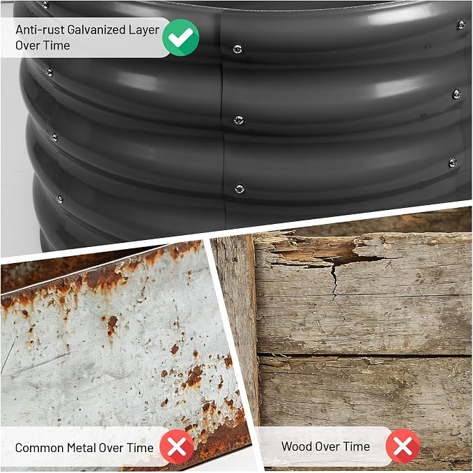 Garvee Galvanized Raised Garden Bed, 2Pcs Raised Garden Beds Outdoor, Round Planter Raised Beds with Gloves and Rubber Edge Trim for Vegetables, Flowers and Herbs, 3x3x1 FT, Dark Grey