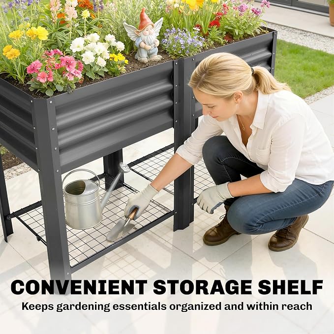 Outsunny Galvanized Steel Raised Garden Bed with Storage Shelf and Bed Liner, Elevated Planter Box with Legs for Flowers, Vegetables, and Herbs, for Outdoor Patio Yard, Glove Included, Dark Gray