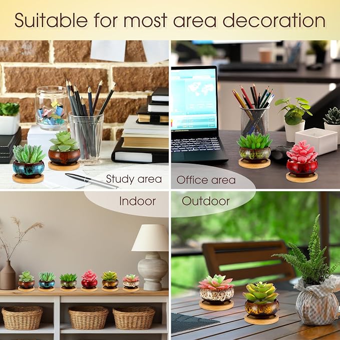 48 Pcs Ceramic Succulent Pots 2.5 Inch Small Plant Pots Indoor with Drainage and Bamboo Saucers Colorful Succulent Flower Planters for Garden Plants Home Decor