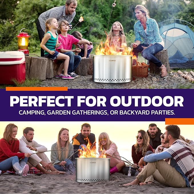 CAMPIOR Large Wood Burning Fire Pit Stove - Smokeless Outdoor Stove for Efficient Wood Fires, Camping, Cooking, and Garden Gatherings, Durable Stainless Steel with Removable Ash Pan, 20.94 lbs