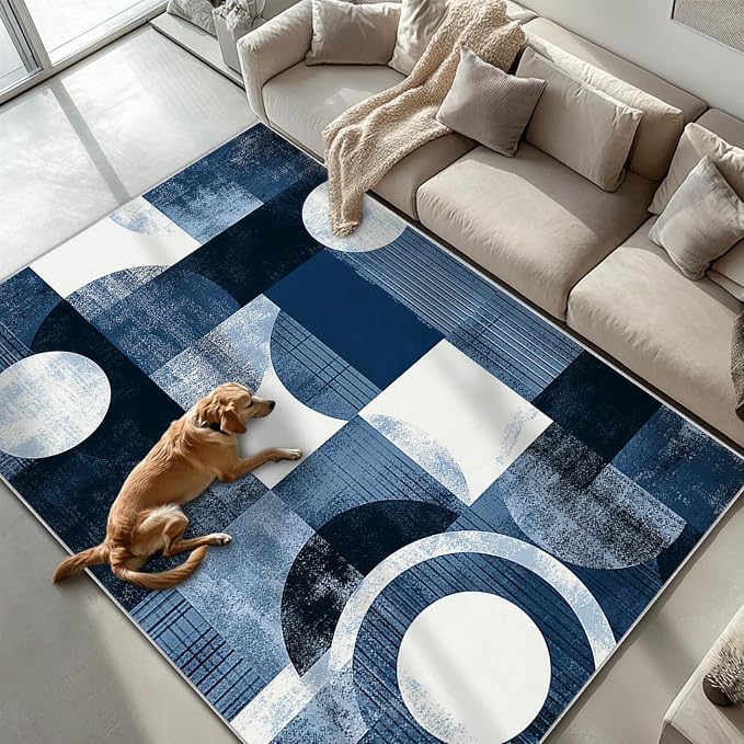 Boho Area Rug for Living Room Abstract Geometric 6x9 Entryway Rug Modern Blue Circles Rugs Non Slip Low Pile Machine Washable Floor Carpet for Indoor Bedroom Kitchen Dining Room Office