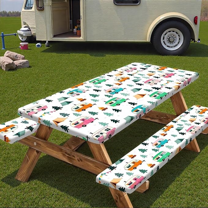 Camping Picnic Table Cover with Bench Covers Elastic Edges, Waterproof Windproof Outdoor RV Tablecloths with Drawstring Bag, Rectangle Tables and Seats Cover 30X72 inch