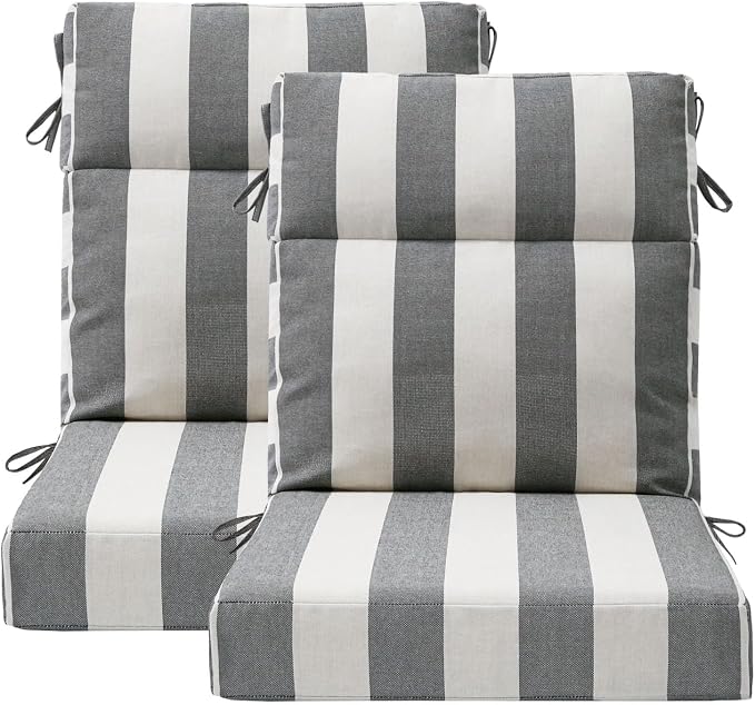 Unimatta Outdoor High Back Chair Cushion Seat Pads, 44 x 21 Inch Water-Repellent & Fade-Resistant Patio Furniture Cushions with Ties for Adirondack, Rocking Chairs, Gray Stripe