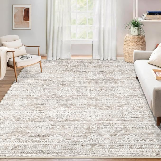 Area Rug 4x6 Geometric Rug: Washable Boho Moroccan Rugs Soft Farmhouse Rug, Modern Neutral Stain Resistant Indoor Floor Carpet for Livingroom Bedroom Dining Table Nursery(Ivory Mocha,4'x6')