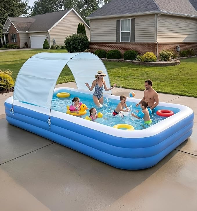10 FT Inflatable Pool with Water Slide & UV Sun Canopy, 119x68x20 Inch Large Family Blow Up Pool for Kids, Adults & Pets, Heavy Duty PVC for Backyard Summer Water Party