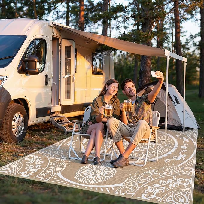Pauwer Waterproof Outdoor Rug 8x10, Reversible Plastic Straw Patio Camping Rug, Indoor Outdoor RV Mat Carpet for Deck, Camper, Porch, Balcony, Backyard, Picnic, Paisley Brown
