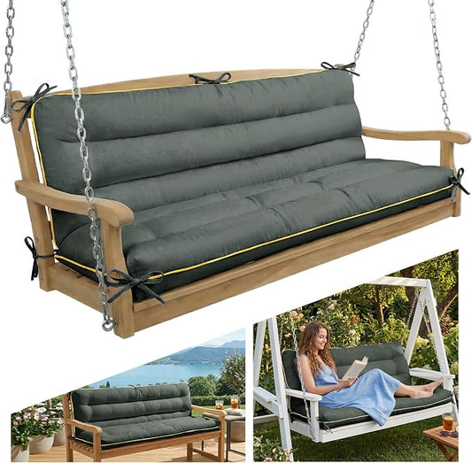 60×40 INCH Outdoor Swing Cushion with Backrest, Tie Straps & Memory Foam - Replacement for Porch Bench 2/3 Seater, Oxford Fabric (Gray, 60 INCH × 40 INCH)