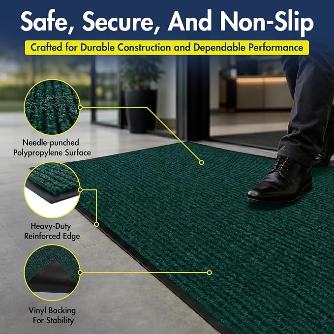 Notrax 109 Industrial Door Mat, 4' x 6' Large Entrance Mat, Heavy Duty Commercial Rugs for Entryway, Welcome Lobbies, Garage, and Mudroom, Made in the USA, Hunter Green, Brush Step 109S0046GN