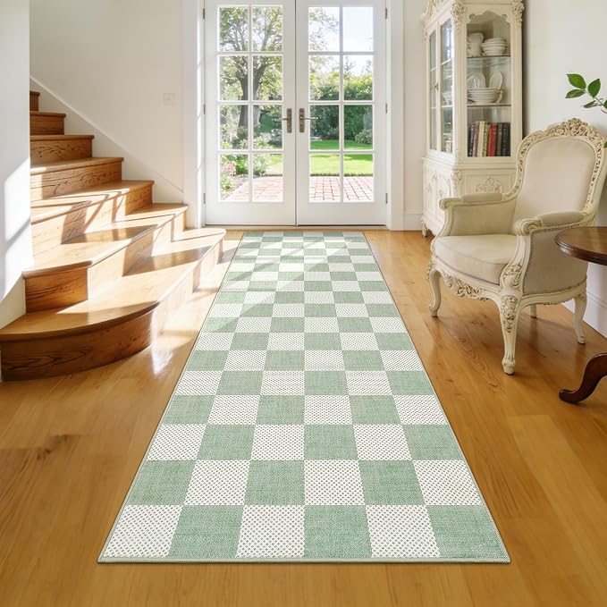GarveeHome Checkered Sage Green 2x3 Washable Coastal Rug Small Door Mat | Sage Green Area Rug for Entryway Hallway Kitchen Bathroom Stain Resistant Low-Pile Non-Slip Soft Rugs TPE Backing