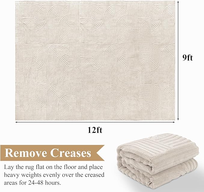 Pauwer 9x12 Area Rugs for Living Room, Modern Non Slip Washable Rug, Beige | Arch Pattern, Soft Fluffy, Neutral, Boho Accent, Solid Color Floor Carpet, For Kids Room Dining Room Nursery Entryway