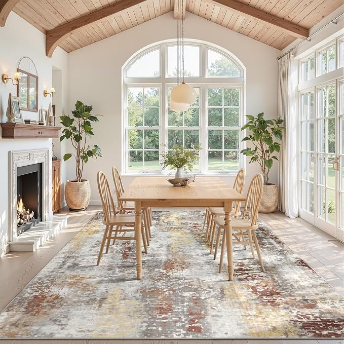Toneed Washable 9x12 Area Rug with Non-Slip Backing for Living Room | Abstract Modern Rugs, Soft Low Pile Carpet for Bedroom Kitchen Dining Room Nursery Indoor Floor Home Decor, Taupe Grey Brown