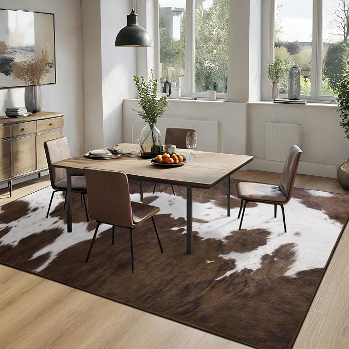 DweIke Cow Print Rug 6x9 – Brown Faux Cowhide Rugs, Washable Soft Non-Slip Stain Resistant Animal Cow Hide Carpet for Living Room Bedroom Dining Room Office, Western Home Decor