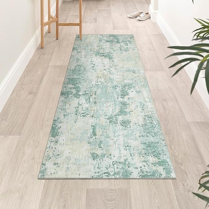 ROYHOME Modern Abstract Runner Rug 2x5 Washable Non Slip, Green | Stain Resistant Rug for Bedroom Living Room Non Shedding Low Pile Indoor Floor Cover