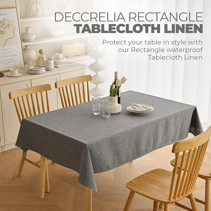 Decorelia Rectangular Table Cloth 52x70 Inch for Dining Table, Faux Linen Waterproof Dark Grey Texture Farmhouse Washable Rectangle Tablecloth Cover for Birthday, Party, Picnics,Holiday& Wedding