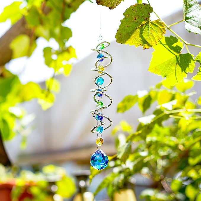 20.5in Sea Blue Crystal Gazing Ball Spiral Wind Spinner Suncatcher | Sea Blue Crystal Gazing Ball Spiral Wind Spinner Rainbow Maker Sun Catcher with Chain for Indoor Outdoor Garden Decor