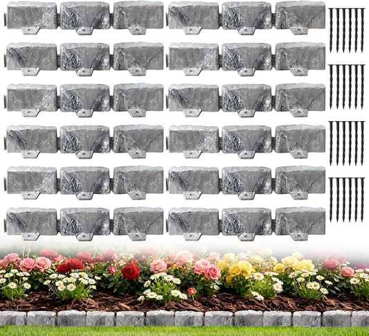 Landscape Edging Garden Edging Border Faux Stone Edging,17FT x 2.75 in Tall Decorative Stone-Look Garden Border for Flower Bed Edging,Yard Edging,Lawn Trees and Gardens,with Anchoring Spikes,Gray