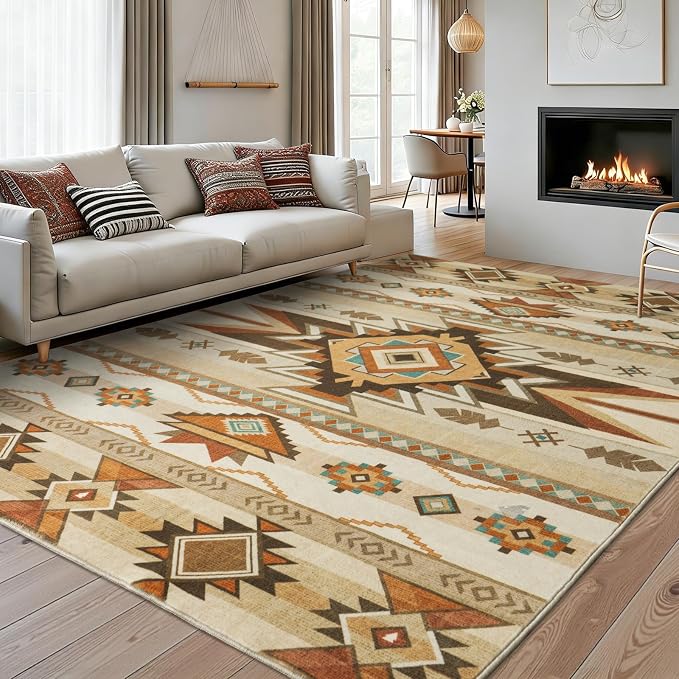 8x10 Western Rustic Aztec Area Rug for Living Room Bedroom Dining Room | Southwestern Tribal Beige Low Pile Faux Wool Rug, Machine Washable Non-Slip Large Carpet for Living Room Dining Bedroom