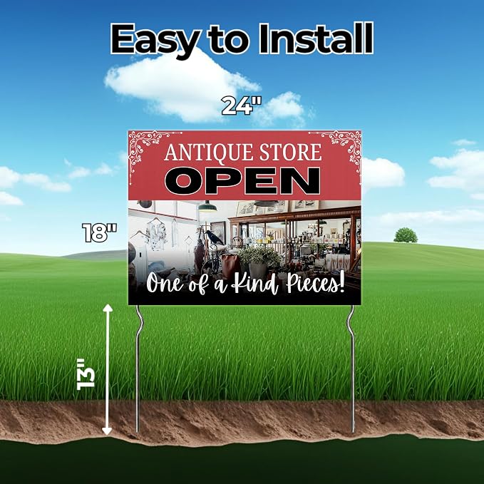 Antique Store Open - One-of-a-Kind Pieces! Yard Sign by DC | 24"x18" Double Sided Conv. Store Garden Sign with 13” Metal Stakes | Outdoor Signs Waterproof for Lawn, Patio, Sidewalk & House | Set of 2