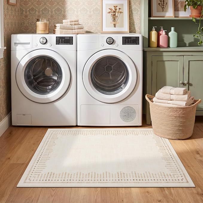 Garvee Small Area Rugs 2x3 Beige Washable Entryway Scalloped Throw Carpet | Non Slip Solid Color Low Pile Living Room Bedroom Rugs Pet Friendly Modern Geometric Kitchen Front Door Nursery Doot Mat