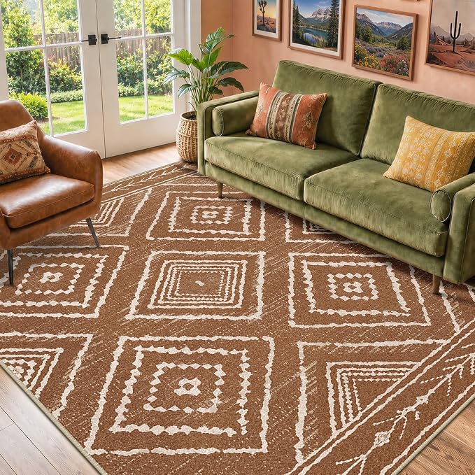 6'x9' Washable Area Rug for Living Room Bedroom Yellowbrown | Soft Western No Slip Low Pile Print Foldable Indoor for Kitchen Dining Room