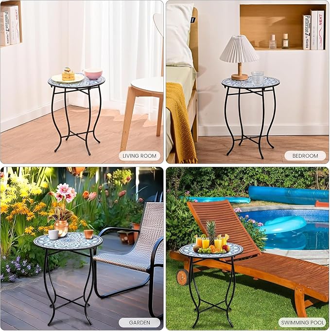 Round Side Table, Patio Accent Weather Resistant Metal Side Table for Livingroom Patio Balcony Yard Porch Garden, Indoor Outdoor Small Plant Stand