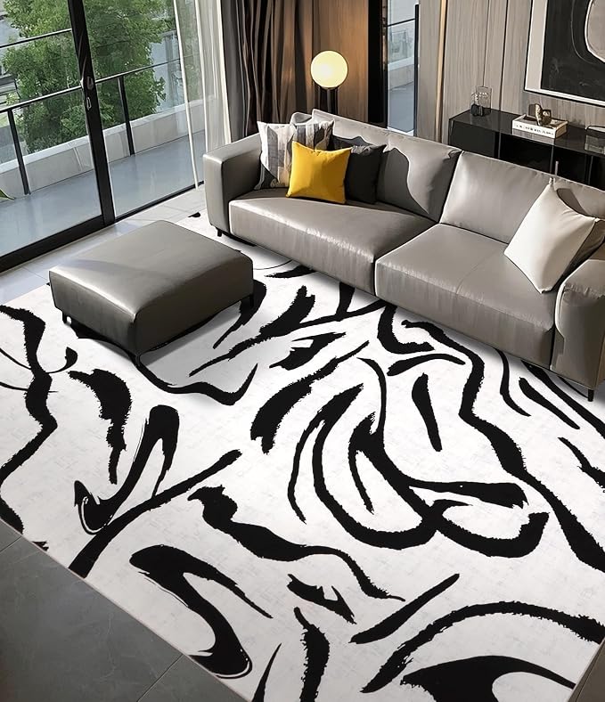 Modern Rugs 6x9, Washable Black and White Area Rug, Thin Abstract Geometric Minimalist Striped Rug, Black Rugs for Living Room,Bedroom,Kitchen,Dining Room,Office