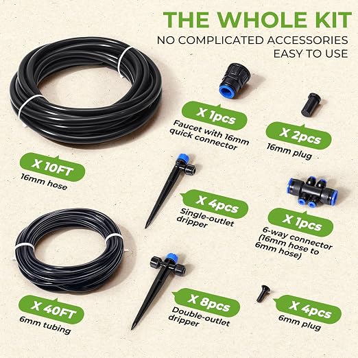 HIRALIY 50FT Drip Irrigation System Kit, Quick-Connect Garden Watering System with 10FT Main Hose and 40FT 1/4" Tubing, Adjustable Drippers for Patio Pots, Container Gardens & Small Raised Beds