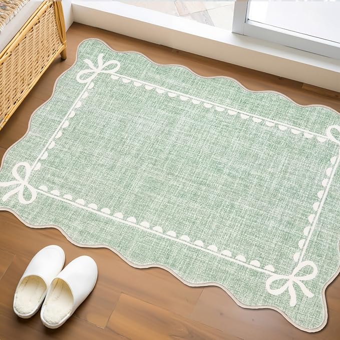 GarveeHome Scalloped Entryway Rug 2x3 Washable Bow Rug, Sage Green | Non Slip Soft Low Pile Ultra-Thin Stain Resistant Indoor Carpet for Girls Dorm Nursery Bedroom Decor Hallway Kitchen Floor