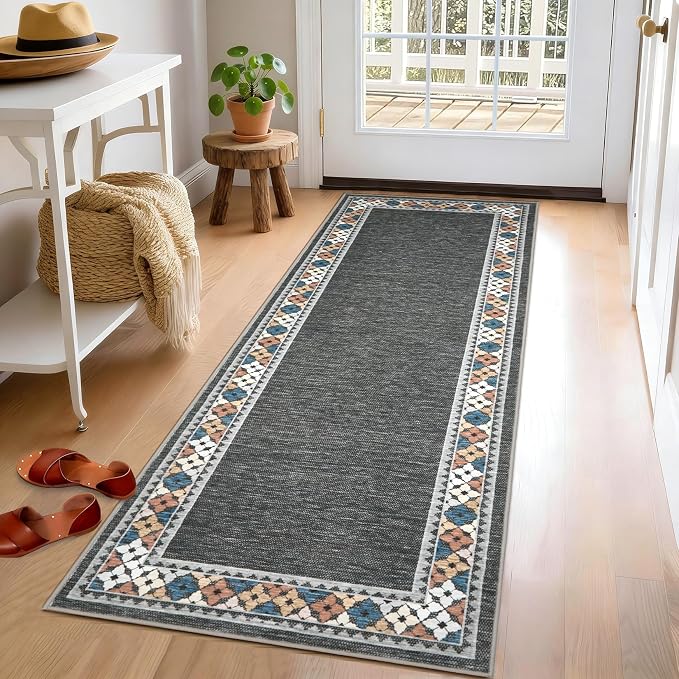 Garvee 2x6 Tribal Border Kitchen Rugs Washable Rugs for Hallway, Dark Gray | Floral Border Area Rug Stain Resistant Easy Cleaning Throw Rugs Low Pile Floor Cover for Bedroom Laundry