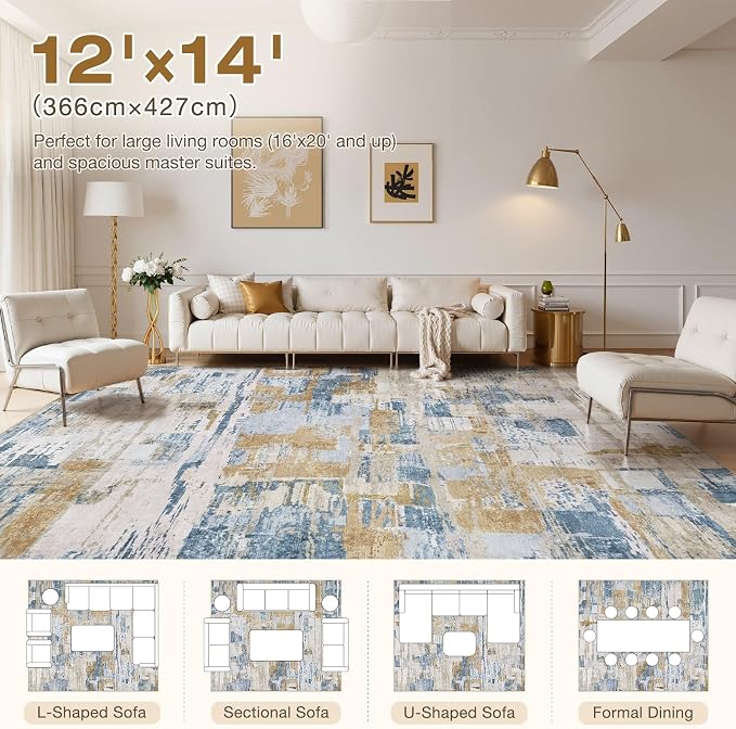kakania Abstract 12x14 Area Rugs for Living Room: Washable Rugs Blue | Soft, Non-Slip, Low-Pile, Pet & Kid Friendly - Large Modern Home Decor Carpet for Bedroom/Dining Room/Office/Nursery