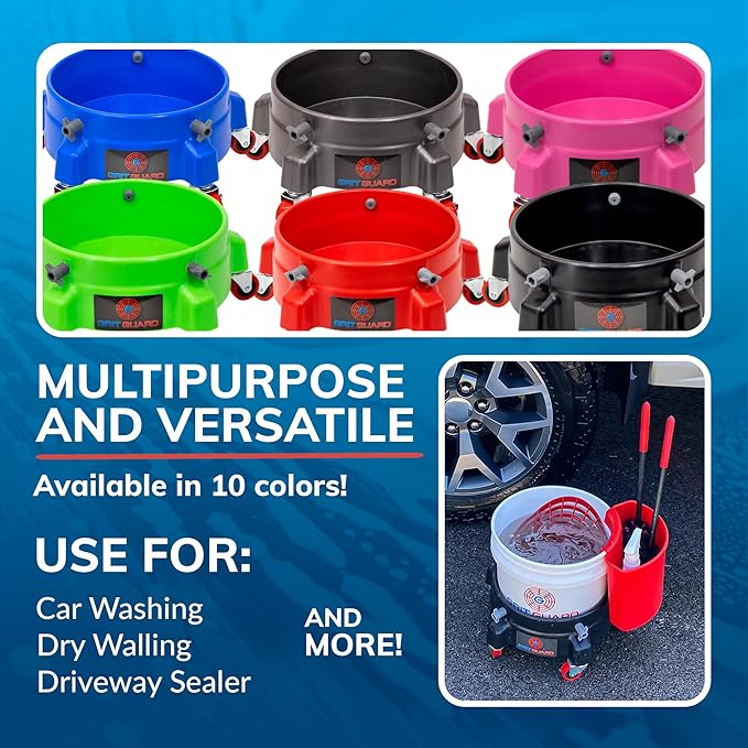 Grit Guard Bucket Dolly with Wheels - Rolling Detailing Wash Bucket with 5 Wheels and 2 Locking Casters Compatible with 2.5, 4, 5 and 6 Gallon Buckets (Black, 3" Red Casters) - Made in the USA