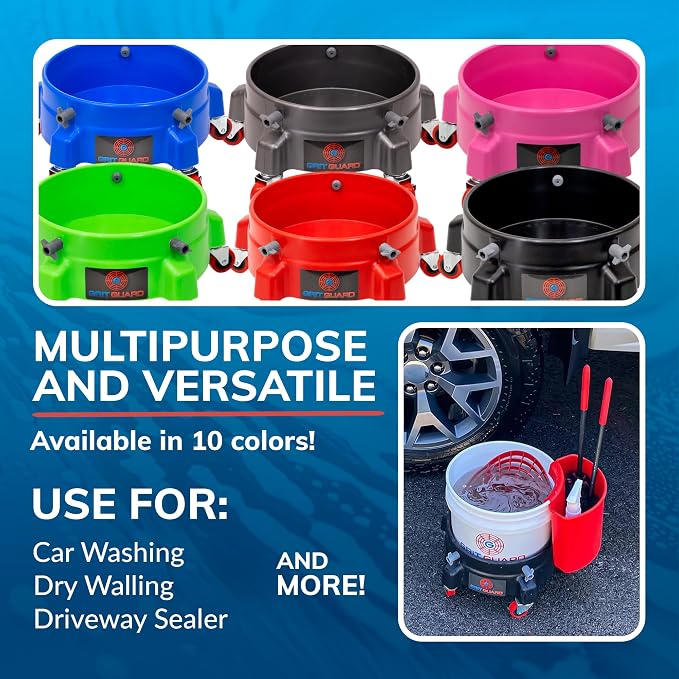 Grit Guard Bucket Dolly with Wheels - Rolling Detailing Wash Bucket with 5 Wheels and 2 Locking Casters Compatible with 2.5, 4, 5 and 6 Gallon Buckets (Blue, 3" Red Casters) - Made in the USA