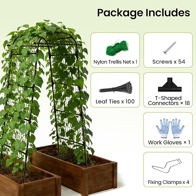 Garden Arch Trellis 83" H x 49" L x 31.5" W Heavy-Duty Plant Support with Nylon Netting & 100 Leaf Ties – Reusable Climbing Trellis for Tomatoes, Cucumbers, Beans & Flowers (Large)