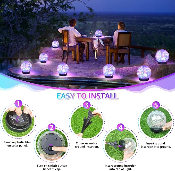 ASOMST 2-Pack Garden Solar Lights Outdoor, Colored Cracked Glass Ball Light Waterproof, Decorative Solar Powered Globe Lighting Multicolor for Yard