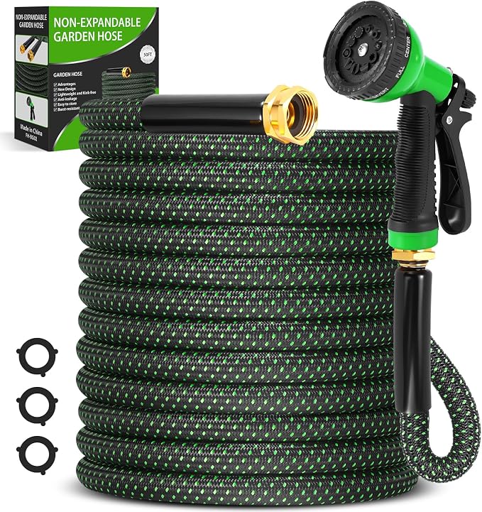 Garden Hose 50ft, Non-Expanding Flexible Hose with 10 Function Nozzle, Lightweight, Kink Free, Sturdy, Leak-Proof, Portable, Water Hose 50ft for Outdoor, Yard, Lawn, Car Wash and Camper Use