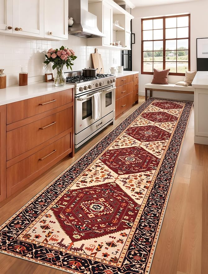 SERISSA 2'6"x14' Washable Non Slip Boho Runner Rug for Hallway，Red Black | Ultra Soft Vintage Oriental Carpet Low-Pile Tribal Floor Carpet for Kitchen Bedroom Entryway Bathroom Laundry Room