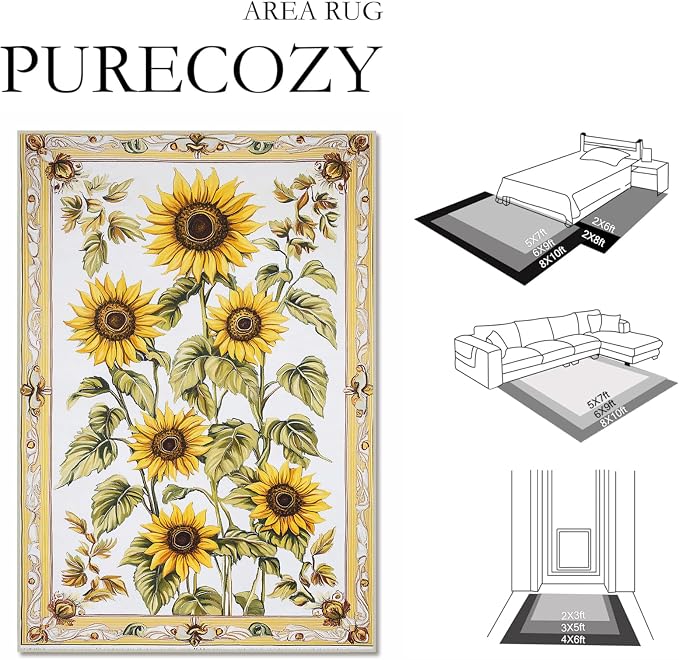5x7 Sunflowers Flower Area Rugs Boho Floral Botanical Yellow Rug for Living Room Indoor Soft Non-Slip Thin Carpet Modern Abstract Rugs for Dining Room Office Bedroom Under Table Washable Machine