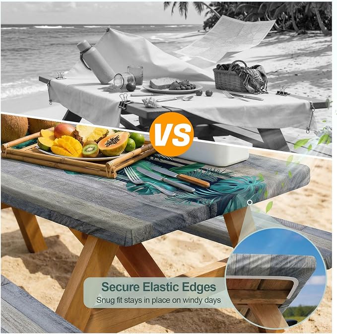 Play Tailor Picnic Table Cover with Bench Covers Camping Essentials Waterproof Windproof Camping Tablecloth with Drawstring Bag, Fitted Rectangle Tables and Seats, 72in, Palm Leaf