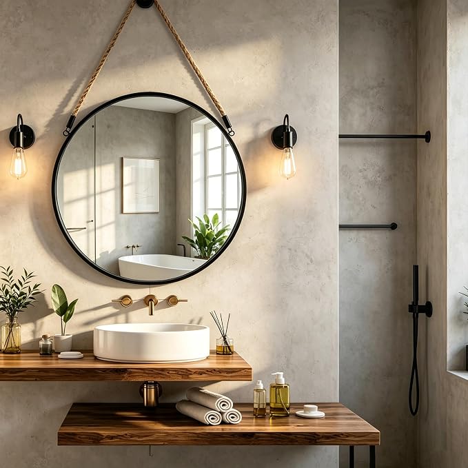 POZINO 20" Round Mirror with Black Metal Frame, Hanging Mirror for Wall | Circle HD Mirror with Jute Rope, Anti-Rust, Farmhouse Decorative Wall Mirror for Entryway, Living Room, Fireplace, Bathroom