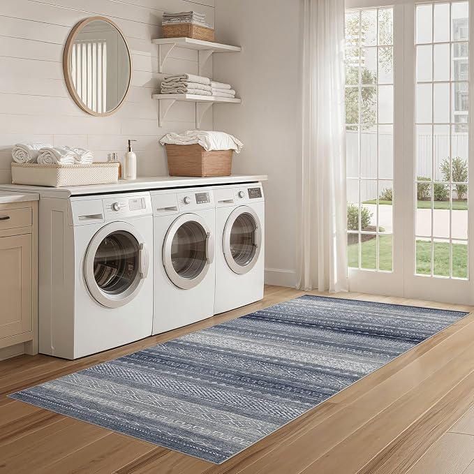 Nakagishi Boho 2x6 Runner Rug Machine Washable Rugs Non Slip Denim Blue | Soft Underfoot, Stain Resistant, Carpet for Bedroom/Kitchen/Entryway/Hallway, Bathroom Pet & Kid Friendly Moroccan Farmhouse