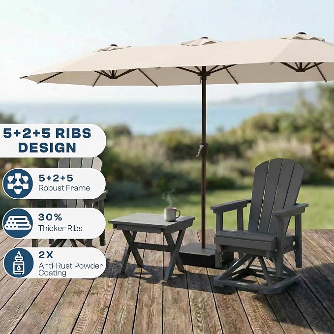 15FT Large Patio Umbrella with Base Included, Double Sided Outdoor Market Umbrella with Flexible Fiberglass Ribs, UV-Blocking Extra Large Umbrella for Garden, Pool, Deck, Beige