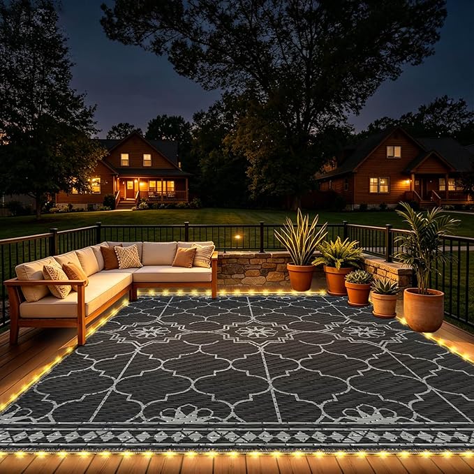 8x10Ft Outdoor Rug, Solar Powered Outdoor Rug with 113LEDs Strip Lights for House Deck, Waterproof Plastic Reversible Outdoor Straw Rugs, Rugs RV Camping Patio Courtyard Beach Picnic(Black Gray)
